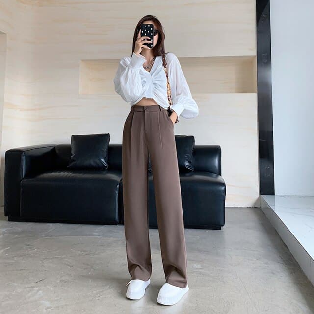 High Waist Floor-length Suits Pants Autumn Winter White Loose Wide Leg Pants Female Office Straight Long Trousers