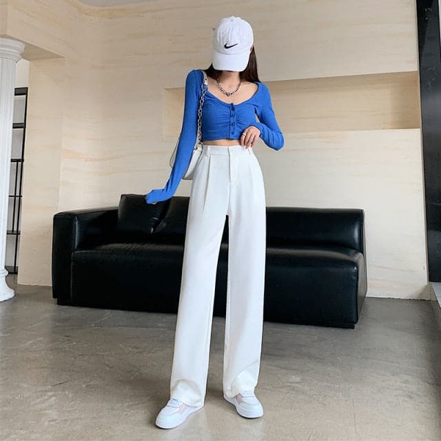 High Waist Floor-length Suits Pants Autumn Winter White Loose Wide Leg Pants Female Office Straight Long Trousers