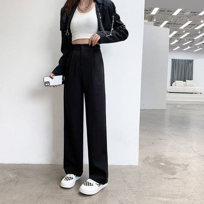 High Waist Floor-length Suits Pants Autumn Winter White Loose Wide Leg Pants Female Office Straight Long Trousers