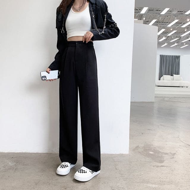 High Waist Floor-length Suits Pants Autumn Winter White Loose Wide Leg Pants Female Office Straight Long Trousers