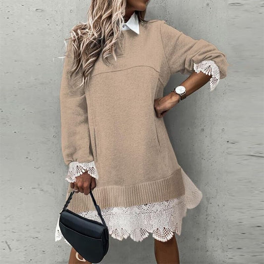 Dressbetty - Dress Spring Autumn Ruffle Patchwork Lady Mini Dress Long Sleeve Shirt Dresses Turn Down Collar Dresses