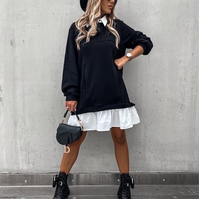 Dressbetty - Dress Spring Autumn Ruffle Patchwork Lady Mini Dress Long Sleeve Shirt Dresses Turn Down Collar Dresses