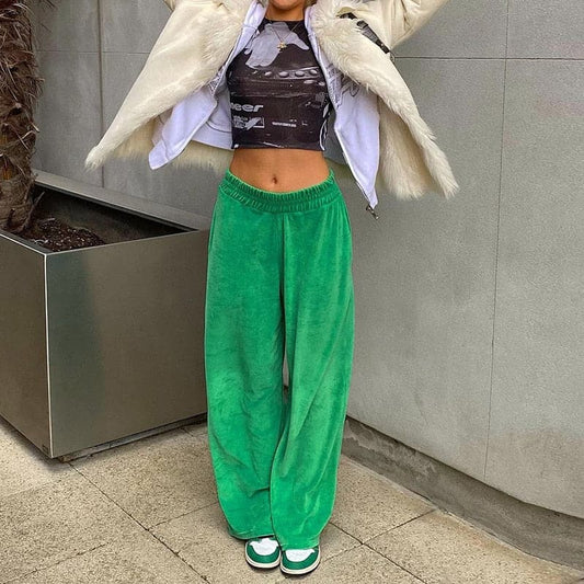 Velvet Wide Leg Pants High Waist Green Harem Trousers Female Autumn Clothes Loose Sport Wear