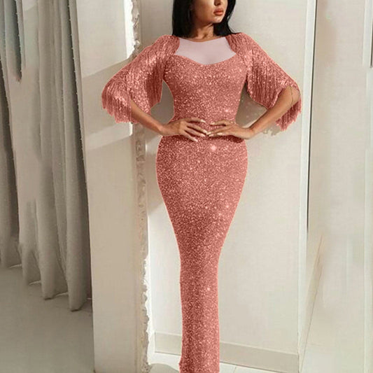 V-neck Long-sleeved Tassel Dinner Dress Bag Hip Dress Dress Long Dresses Evening