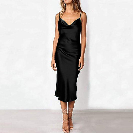 Color Simulation Silk Slim Dress Banquet Halter a Line Mini Dress Wrap Sundress Robe