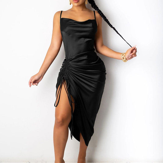 Ruched Satin Summer Dress Drawstring Spaghetti Straps Cowl Neck Backless Long Dresses for Party