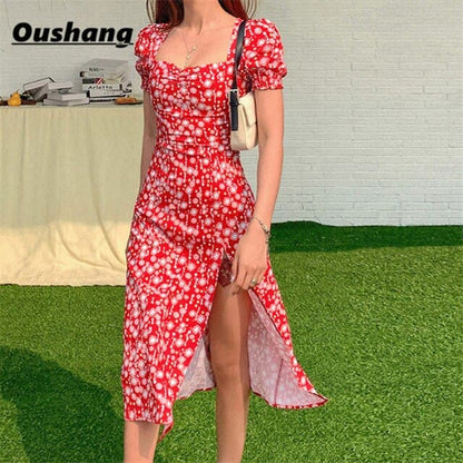 Party Dress Summer Print Square Collar Split Midi Dresses