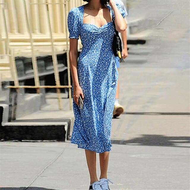 Party Dress Summer Print Square Collar Split Midi Dresses