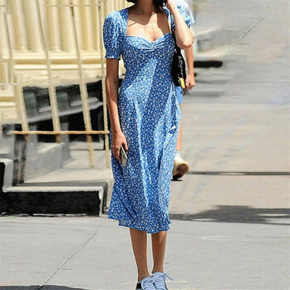 Party Dress Summer Print Square Collar Split Midi Dresses