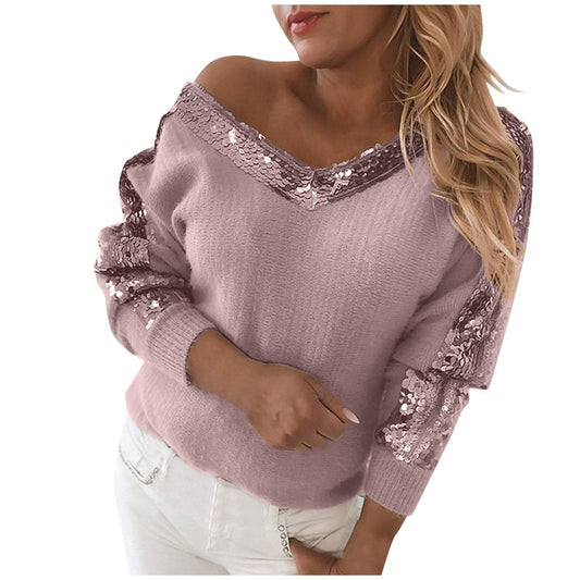 Dressbetty - Off Shoulder V Neck Sequin Stitching Print Temperament Pullover Long Sleeve Sweater Pullovers Winter Clothes