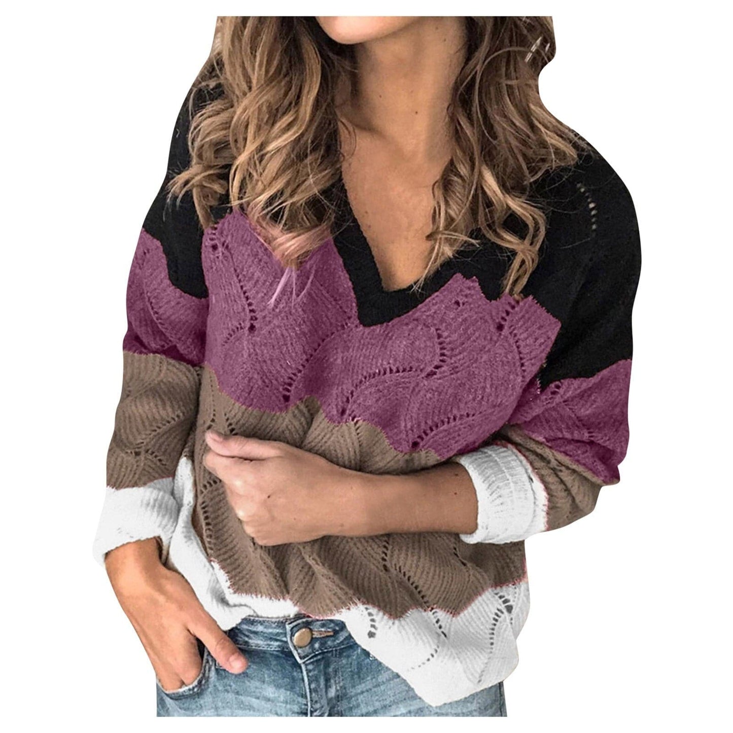 Dressbetty - Color Block Stripe V-neck Sweater Long Sleeve Knit Pullover Fallwinter Sweatshirt Top Sweater Tops