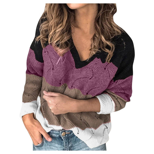 Dressbetty - Color Block Stripe V-neck Sweater Long Sleeve Knit Pullover Fallwinter Sweatshirt Top Sweater Tops