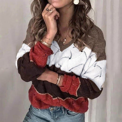 Dressbetty - Color Block Stripe V-neck Sweater Long Sleeve Knit Pullover Fallwinter Sweatshirt Top Sweater Tops