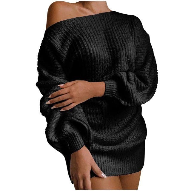 Dressbetty - Sweaters and Pullovers Dress Long-sleeved Pullover One Word Collar Knitted Dress Jumper