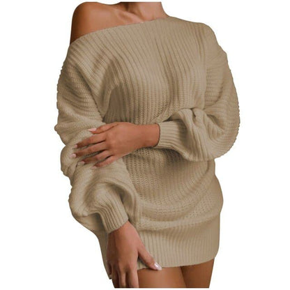Dressbetty - Sweaters and Pullovers Dress Long-sleeved Pullover One Word Collar Knitted Dress Jumper