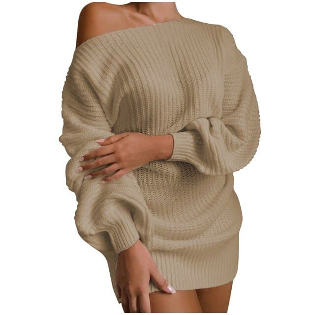 Dressbetty - Sweaters and Pullovers Dress Long-sleeved Pullover One Word Collar Knitted Dress Jumper