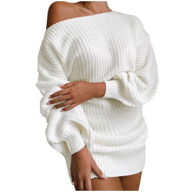 Dressbetty - Sweaters and Pullovers Dress Long-sleeved Pullover One Word Collar Knitted Dress Jumper