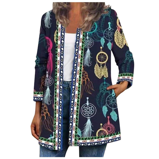 Dressbetty - Overcoat Leisure Retro Graphic Printed Winter Open Front Long Sleeve Outwear Cardigan Coat