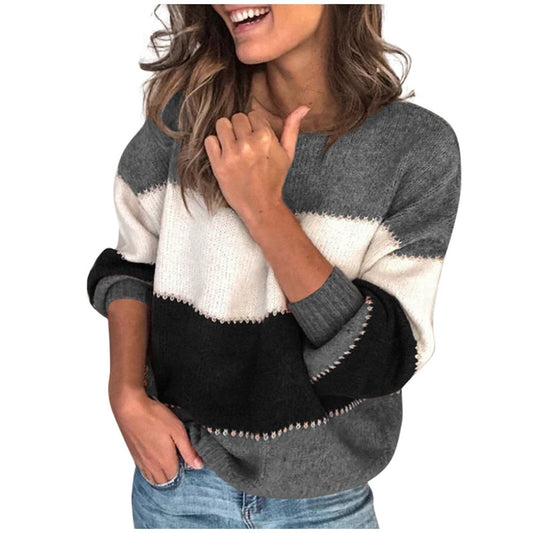 Dressbetty - Stitching Color Stripe O-neck Sweater Long-sleeved Knitted Pullover Top Fallwinter Sweatshirt Top Sweater