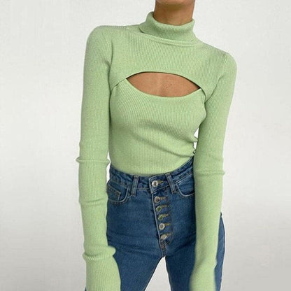 Dressbetty - Long Sleeve Slim Turtleneck Pullovers Autumn New Hollow Out Sweater Ofiice Lady Clothes