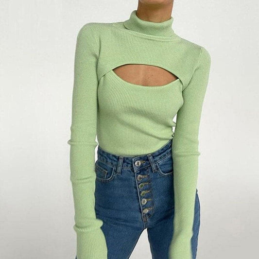 Dressbetty - Long Sleeve Slim Turtleneck Pullovers Autumn New Hollow Out Sweater Ofiice Lady Clothes