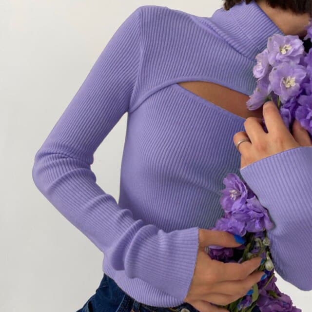 Dressbetty - Long Sleeve Slim Turtleneck Pullovers Autumn New Hollow Out Sweater Ofiice Lady Clothes
