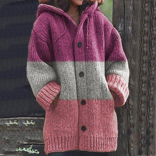 Dressbetty - Winter Striped Stitching Cardigan Korean Version Loose Hooded Cardigan Sweet Long Sleeve Warm Coat Gilet Femme Clothes
