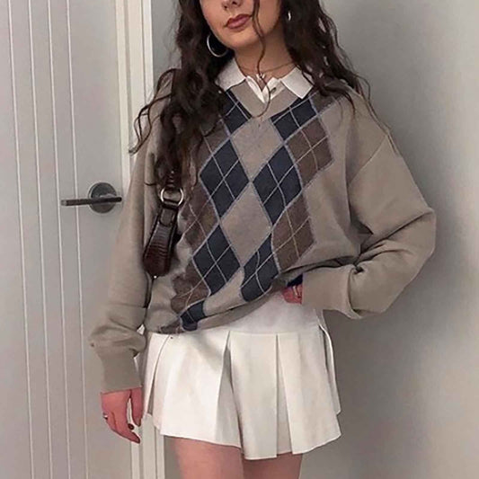 Dressbetty - Preppy Diamond Plaid Printed Knitted Sweater