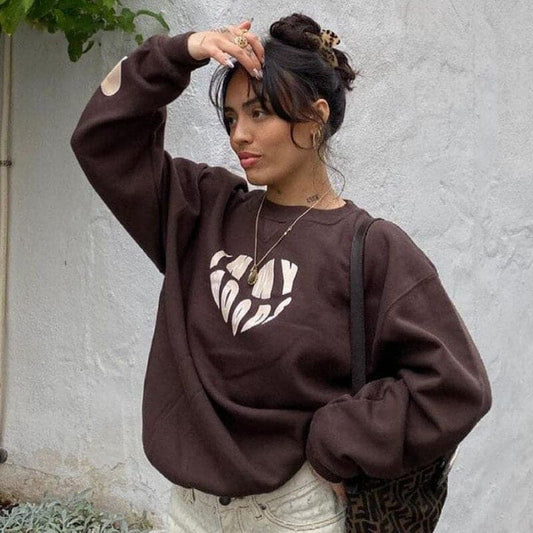 Oversized Hoodie Letter Heart Printed Sweatshirt Crewneck Long Sleeve Pullovers Autumn Pullovers