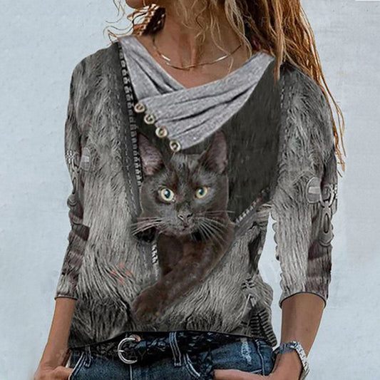 Tunic Tops Cross V-neck Buttons Printing Long Sleeve Sweaters Top Summer Female T-shirt Female Clothing