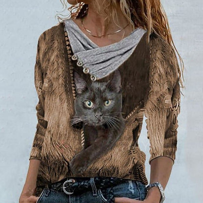 Tunic Tops Cross V-neck Buttons Printing Long Sleeve Sweaters Top Summer Female T-shirt Female Clothing