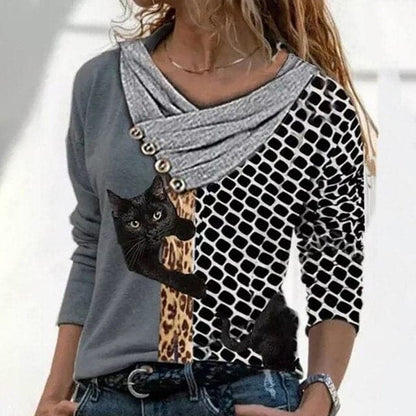 Tunic Tops Cross V-neck Buttons Printing Long Sleeve Sweaters Top Summer Female T-shirt Female Clothing