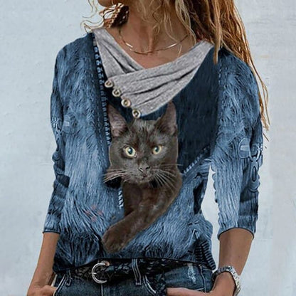 Tunic Tops Cross V-neck Buttons Printing Long Sleeve Sweaters Top Summer Female T-shirt Female Clothing