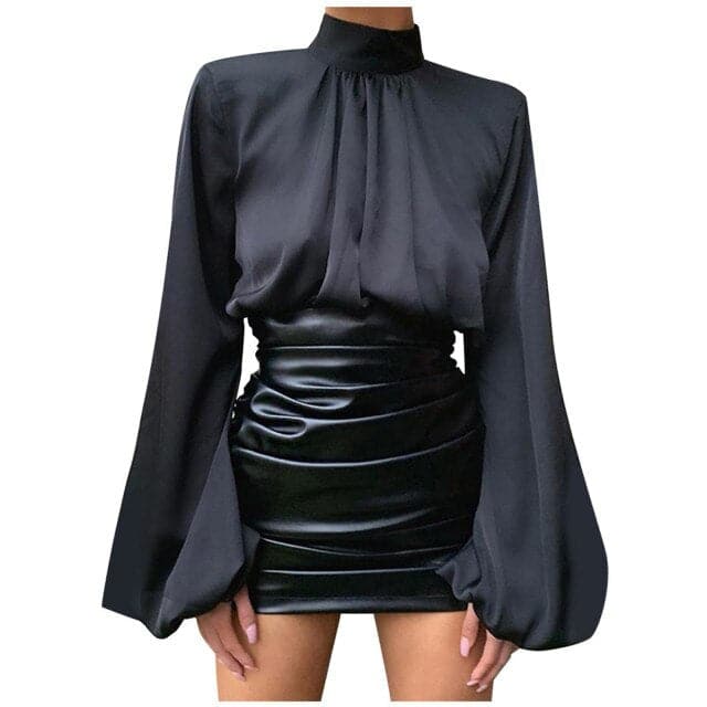 Color Satin O-neck Loose Fold Puff Long Sleeve Office Shirt Blouse Tops