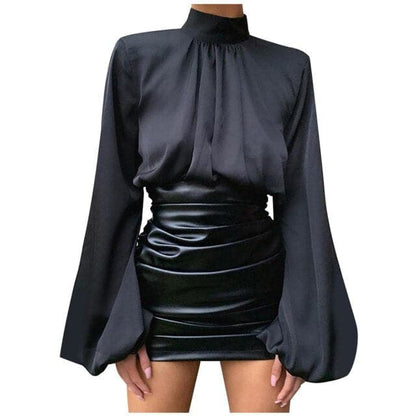 Color Satin O-neck Loose Fold Puff Long Sleeve Office Shirt Blouse Tops