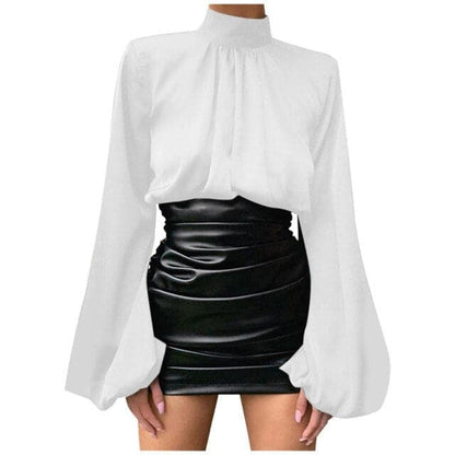 Color Satin O-neck Loose Fold Puff Long Sleeve Office Shirt Blouse Tops