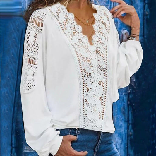 Spring Shirts Colors Lace Hollow Out V-neck Long Sleeves Female Blouse Tops