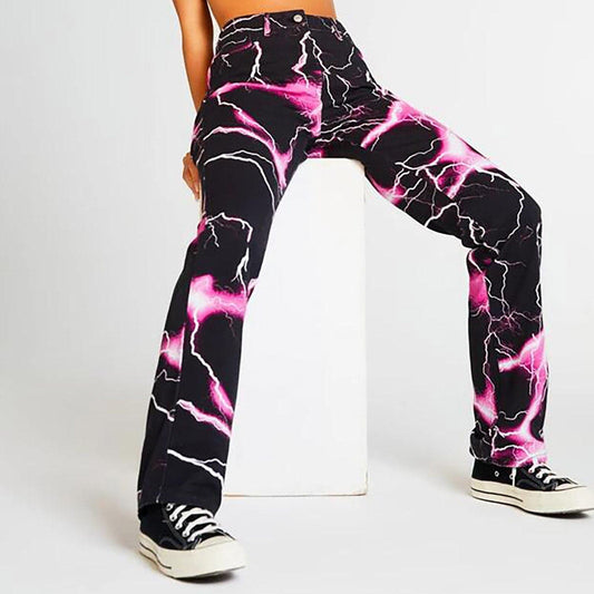 High Waist Slim Straight Street Trend Tie-dye Print Jeans Loose Trousers Pants