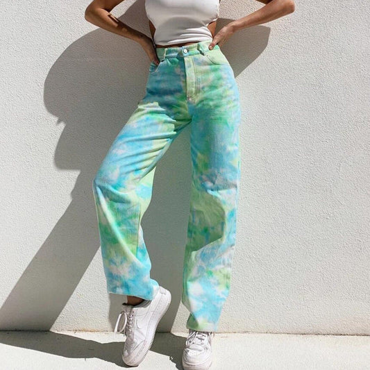 Summer Rainbow Tie Dye Printed Jeans High Waist Straight Gradient Loose Denim Pants Y2k Wide Leg Jean Denim Trousers