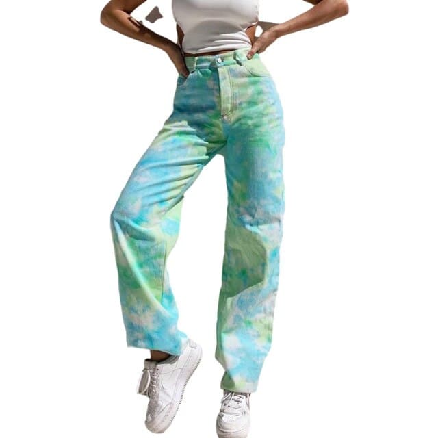 Summer Rainbow Tie Dye Printed Jeans High Waist Straight Gradient Loose Denim Pants Y2k Wide Leg Jean Denim Trousers