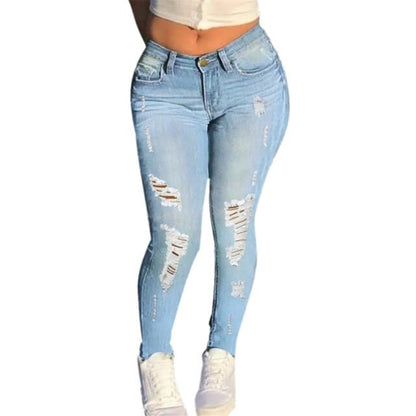 Ripped Jeans High Waist Stretch Skinny Denim Trousers Blue Retro Washed Elastic Slim Pencil Pants