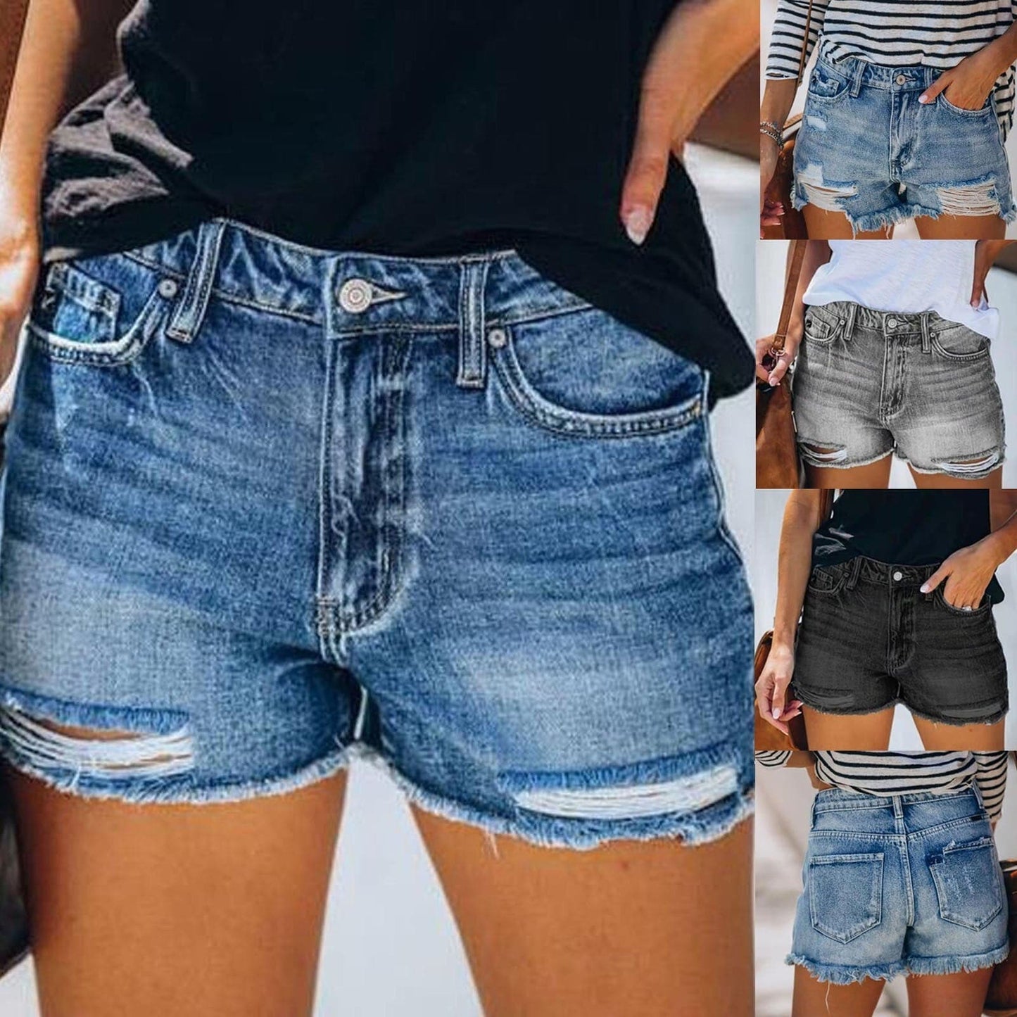 Black Blue Gary Stretch Pockets Denim Shorts Frayed Edge Ripped Hot Shorts New Jeans Y2k Cloth