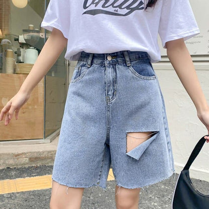 High Waist Loose Blue Denim Shorts Female Hole Wide Leg Jeans Shorts