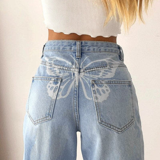 Butterfly Print Jeans Woman High Waist Denim Pants