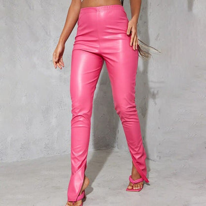 Pu Leather Pants Hollow Out Color High Party Night Clubwear Long Pencil Pants for Outfit