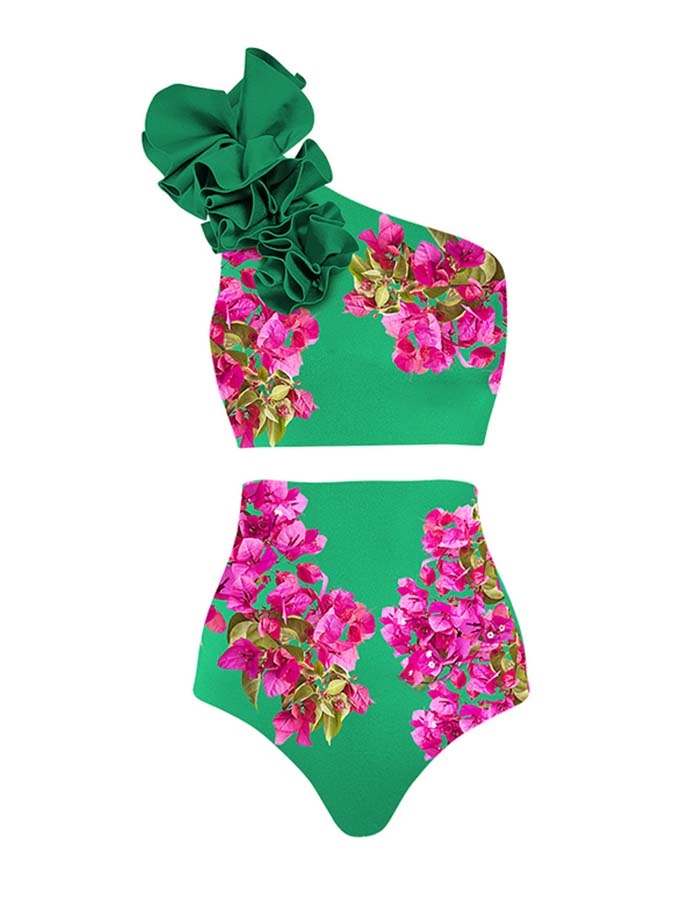 Pink Bougainvillea Flower Printed Bikini Swimsuit and Skirt