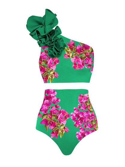 Pink Bougainvillea Flower Printed Bikini Swimsuit and Skirt