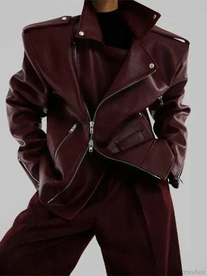 Pu Leather Double Zipper Coat