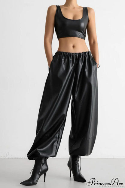 Pu Leather Loose Harem Drawstring Pants