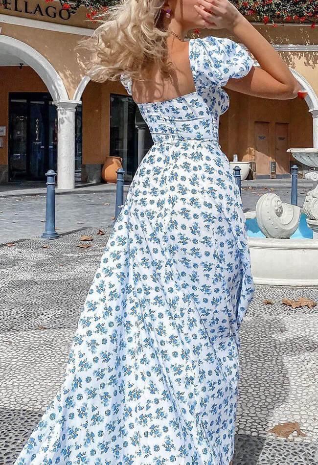 Blue Puff Sleeve Maxi Dress